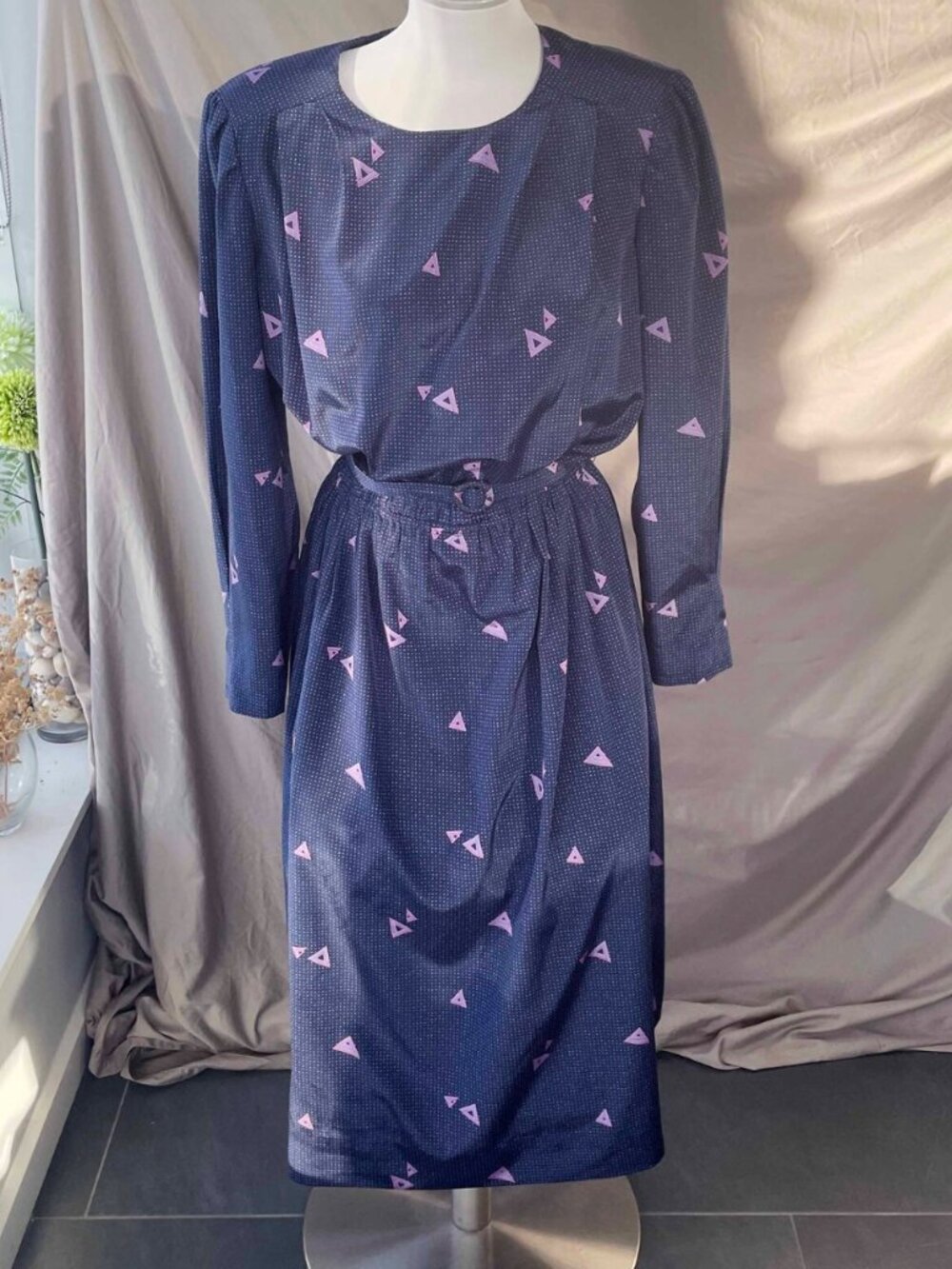 Vintage Navy Blue Maxi Dress: 90s Polka Dot Geometric